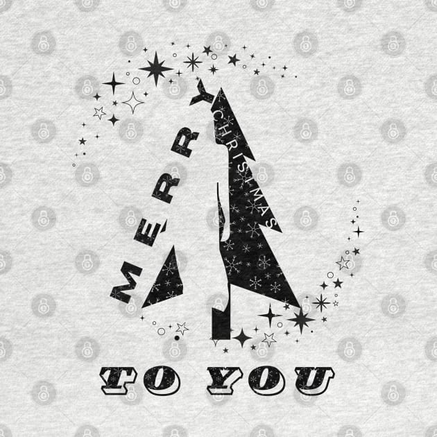 Merry Christmas to you black Christmas tree with snowflakes and a silhouette of a woman among black and white stars in a minimalist black and white Christmas composition by PopArtyParty